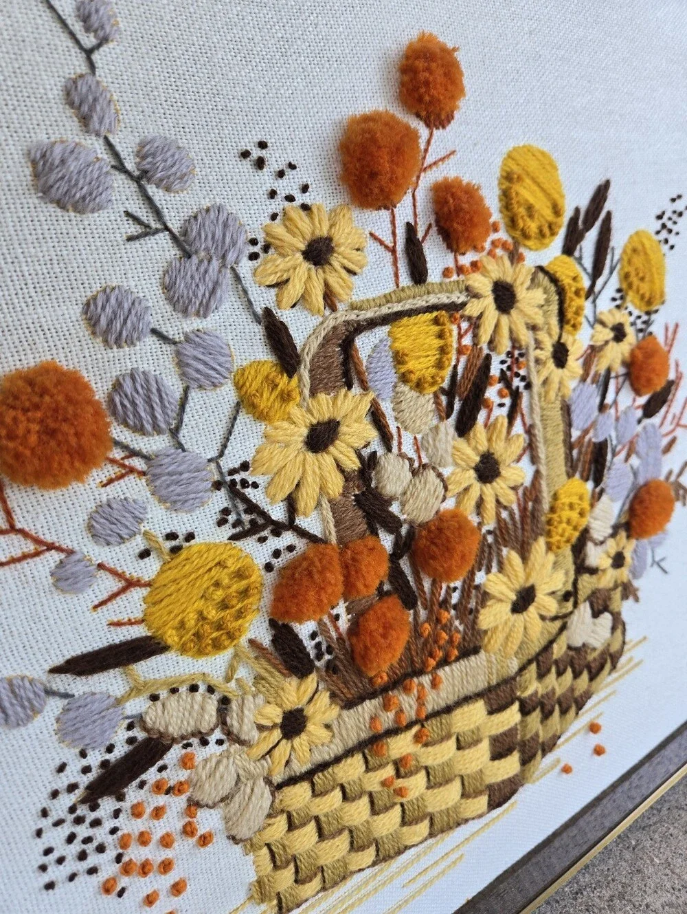 18.5x15 Framed Vintage 70s crewel embroidery wall art piece 
